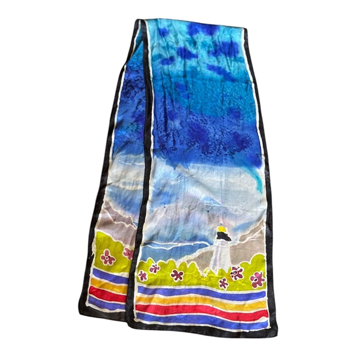 Adele Blue Multicolor Silk Scarf with Lighthouse Long Rectangle Hand Rolled