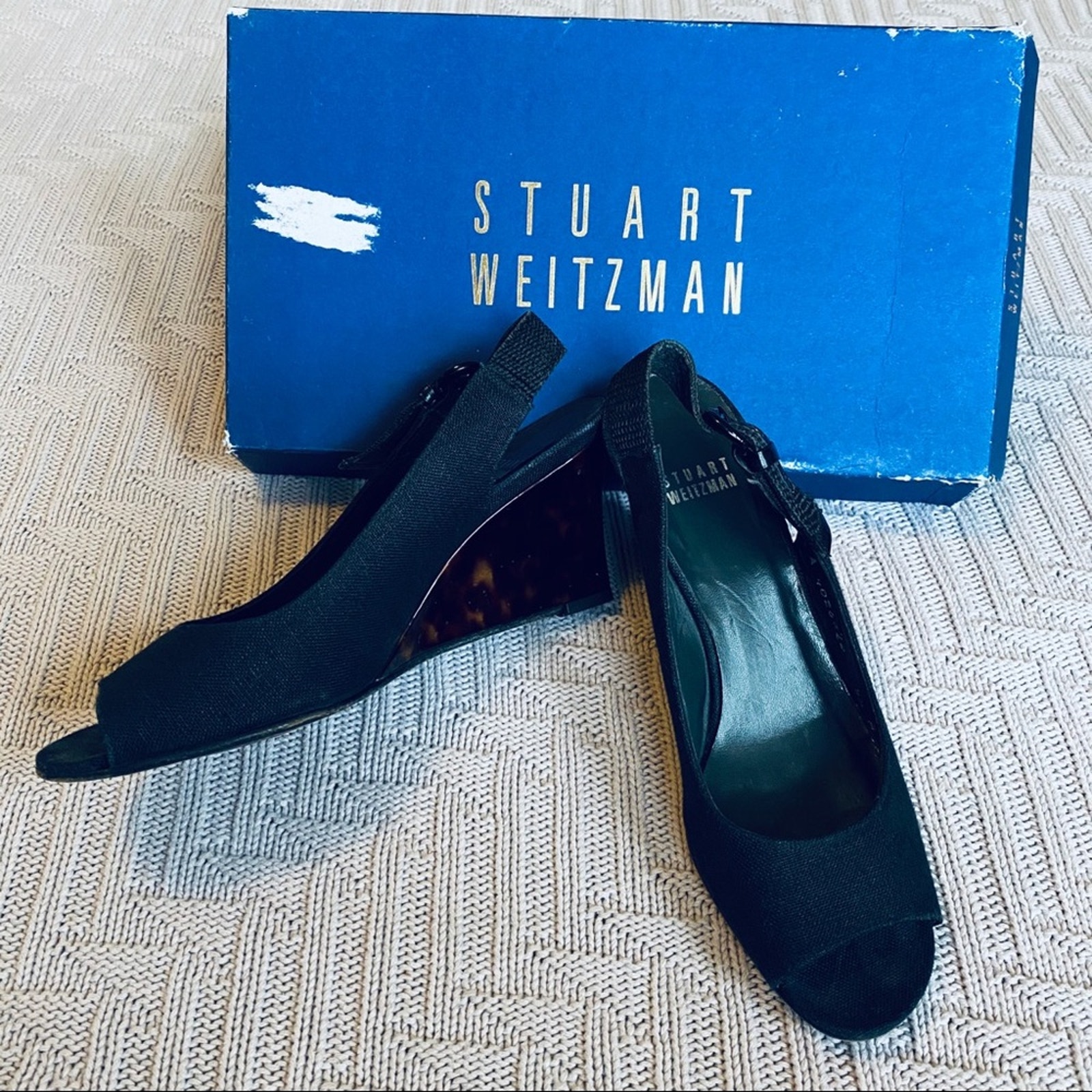 Stuart Weitzman black peep toe wedge slingbacks
