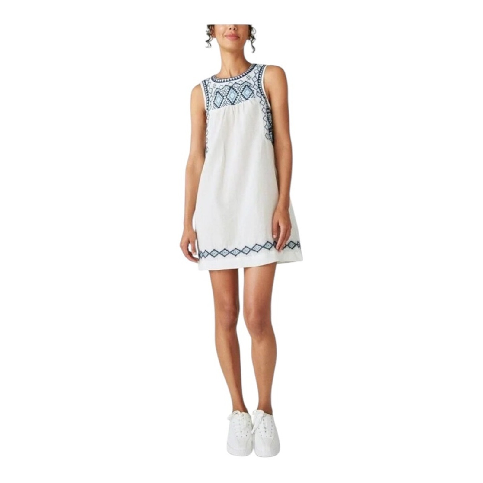 Lucky Brand Women's Boho Embroidered Sleeveless Mini Dress White Blue Large NWT