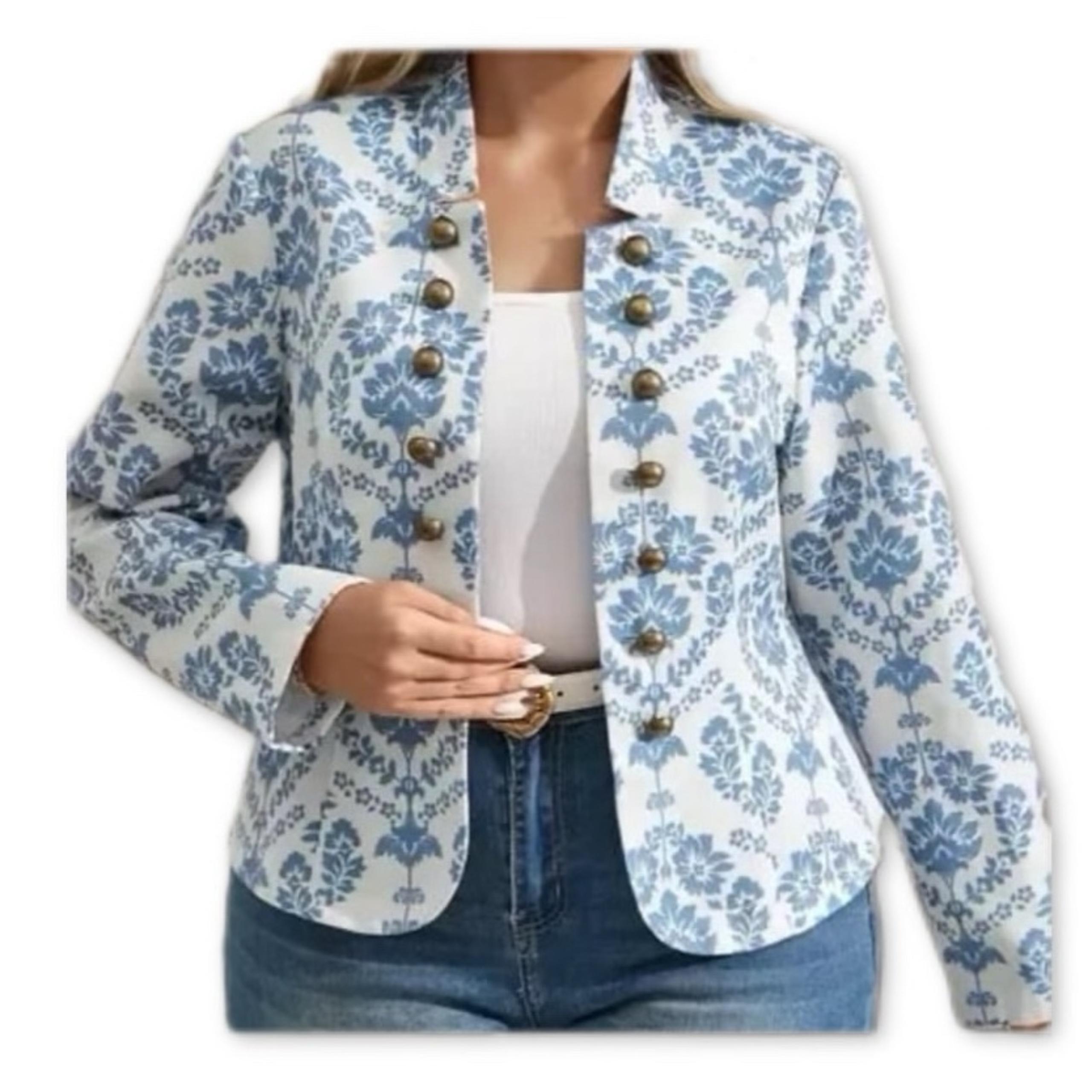 Blue Printed Button Decor Fashion Blazer