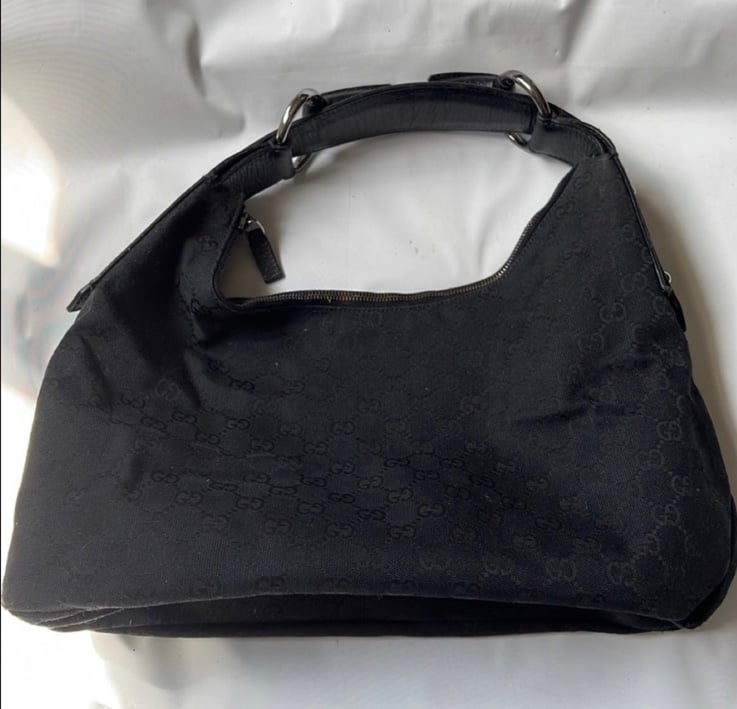 Auth Gucci Horsebit Monogram Black Canvas GG logo Hobo Bag.