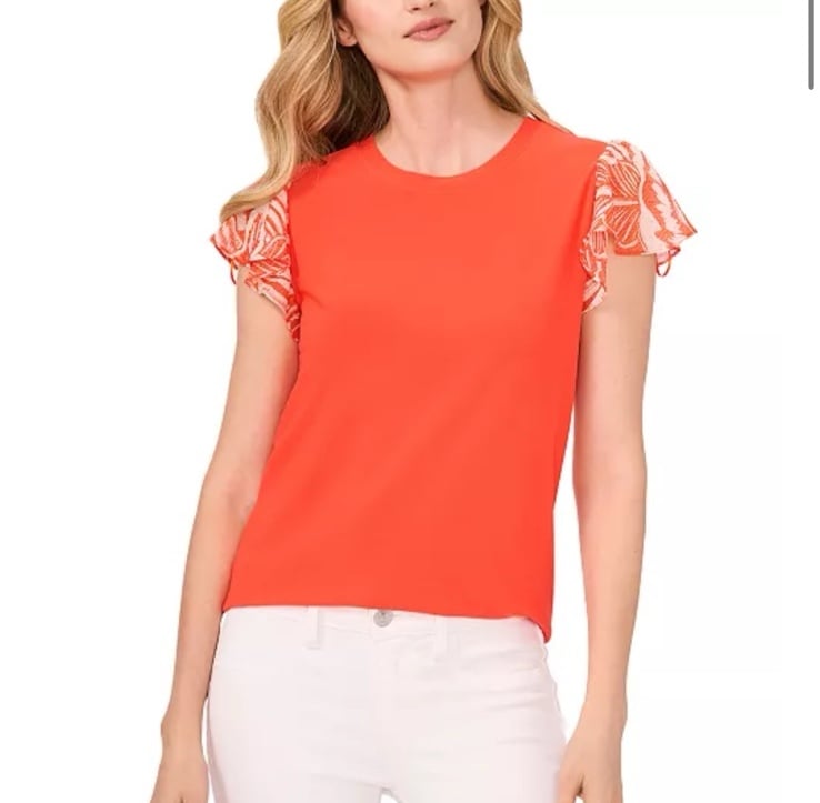 CeCe Women's Tropical-Print Mixed-Media Flutter-Sleeve Blouse Tigerlily Size XS