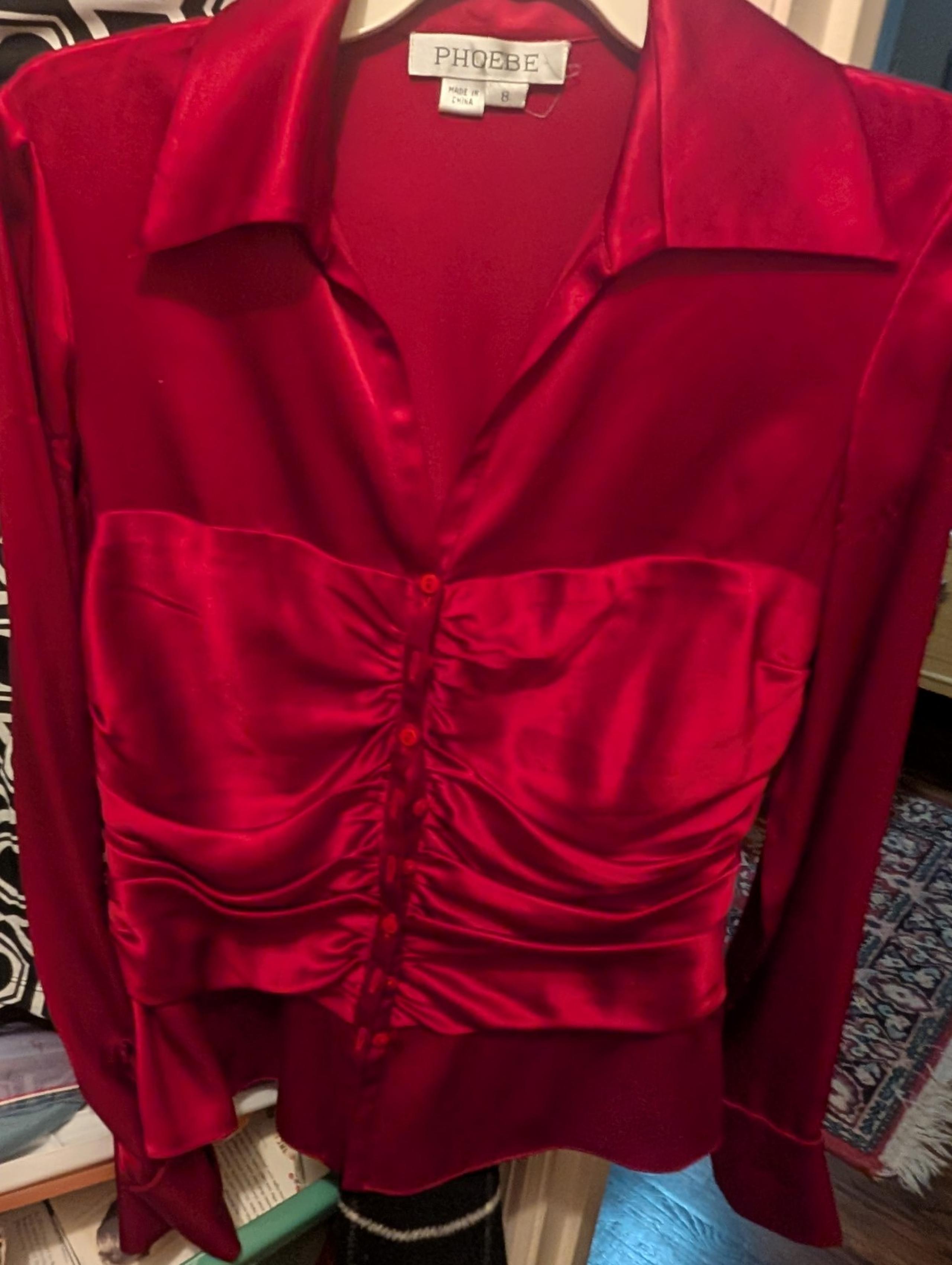 Phoebe sz 8 silk gathered red long sleeve dressy top.