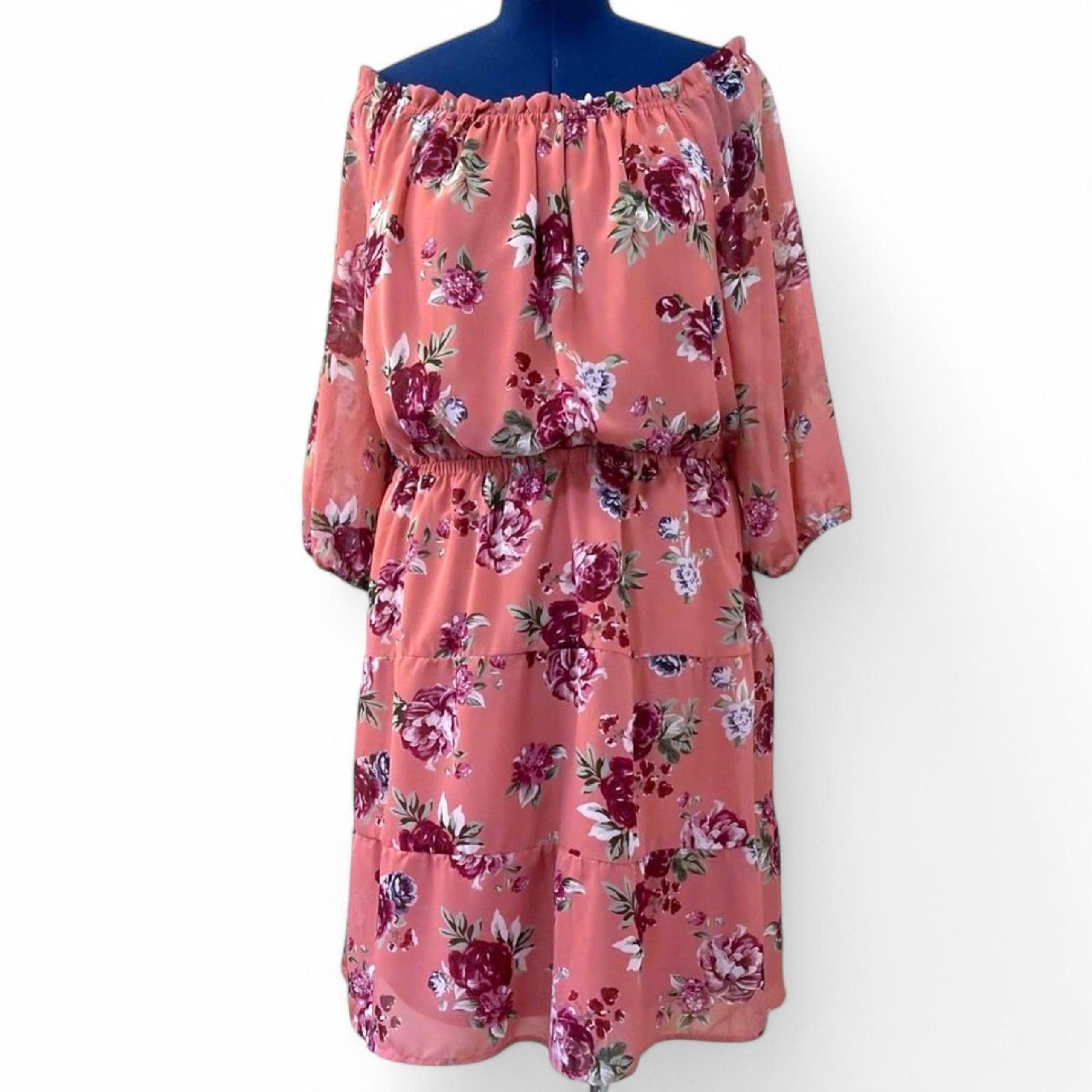 LANE BRYANT Pink Floral Tiered Chiffon Off-Shoulder Dress, Size 22