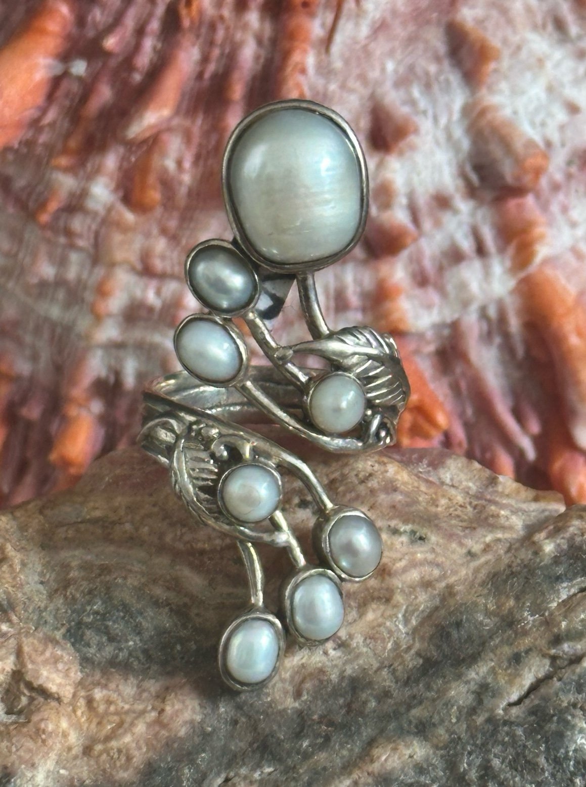 Genuine Pearl wrap bypass sterling silver southwestern sterling silver ring