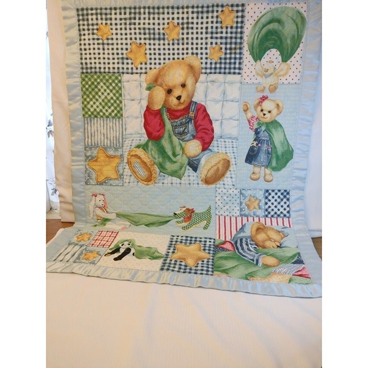 Vintage Quilted Crib Teddy Bear Reversible Small Animal Print 46 X 34