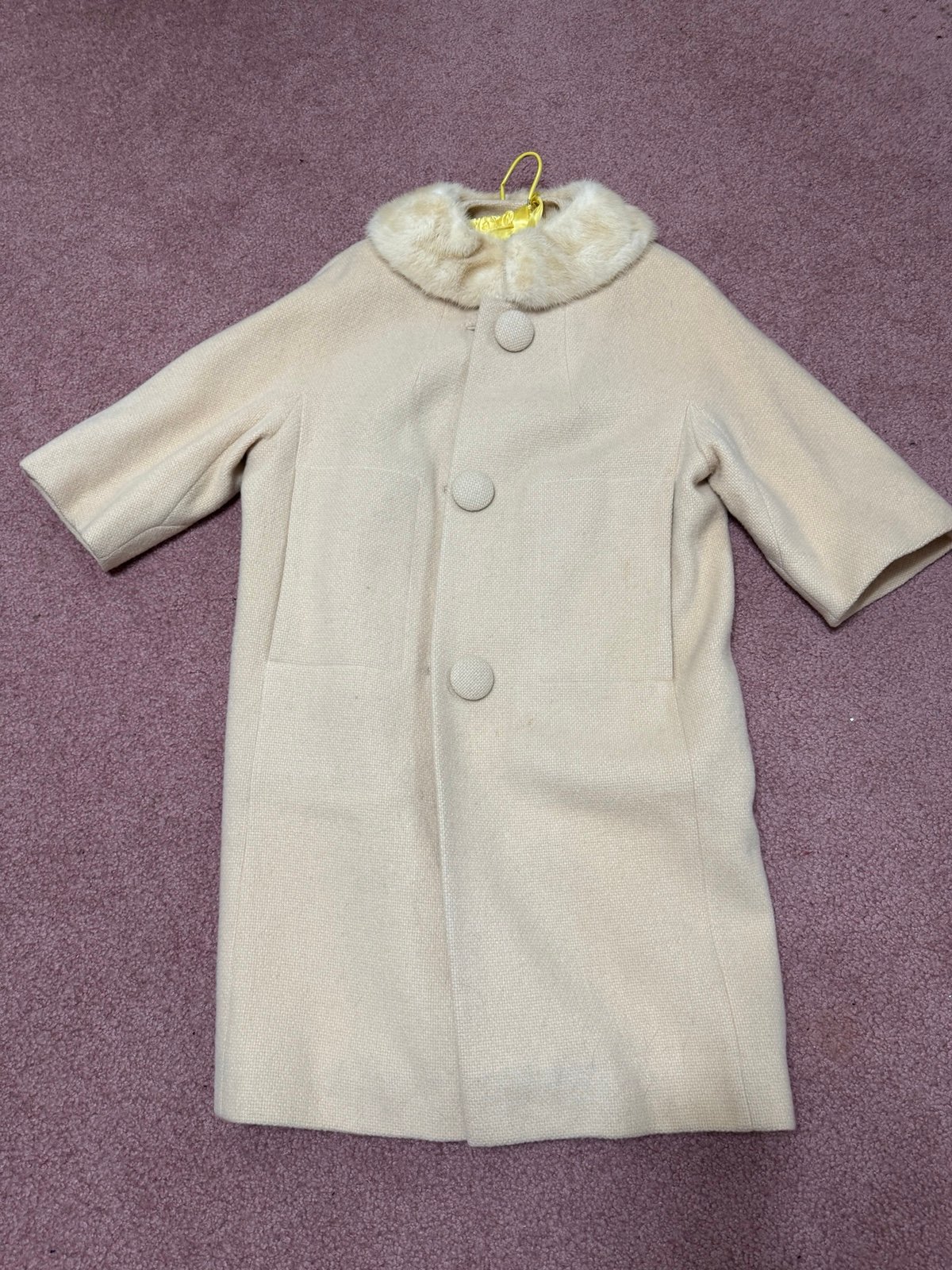 Vintage Sixties Full-length Wool Coat Fur mink Collar buttons retro 3/4 sleeve