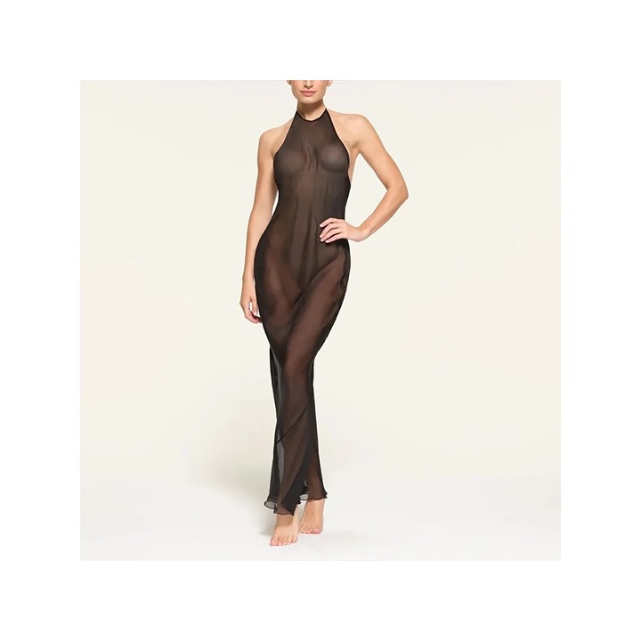 SKIMS Romance Chiffon Halter Silk Slip Dress Onyx 2X