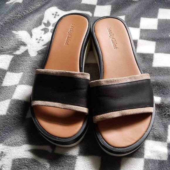 See By Chloé Black Brown Leather Suede Slip On Slides Size EU 37 US 6