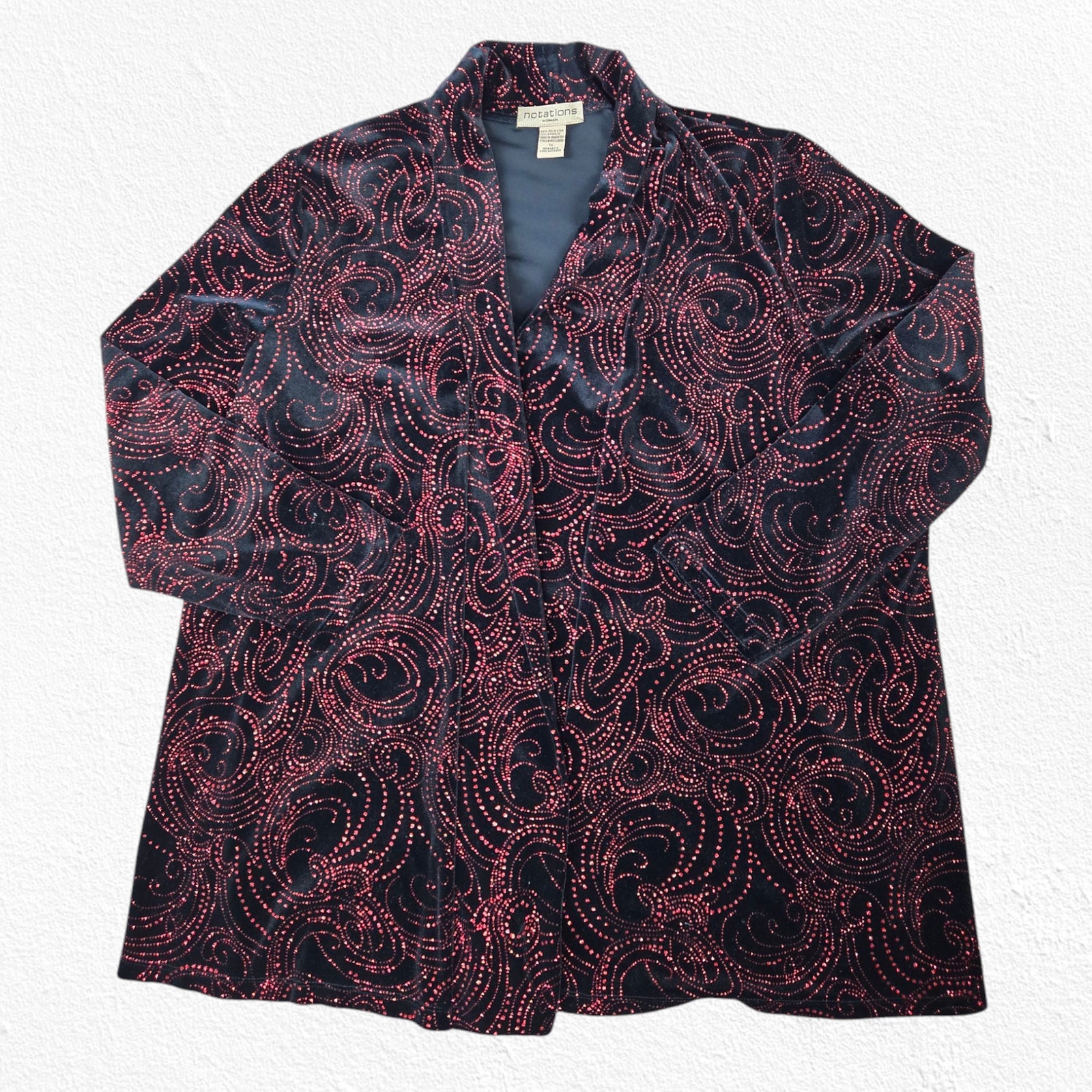 Y2K Notations Black Red Glitter Swirl Velvet Open Front Blazer Jacket Size 1X