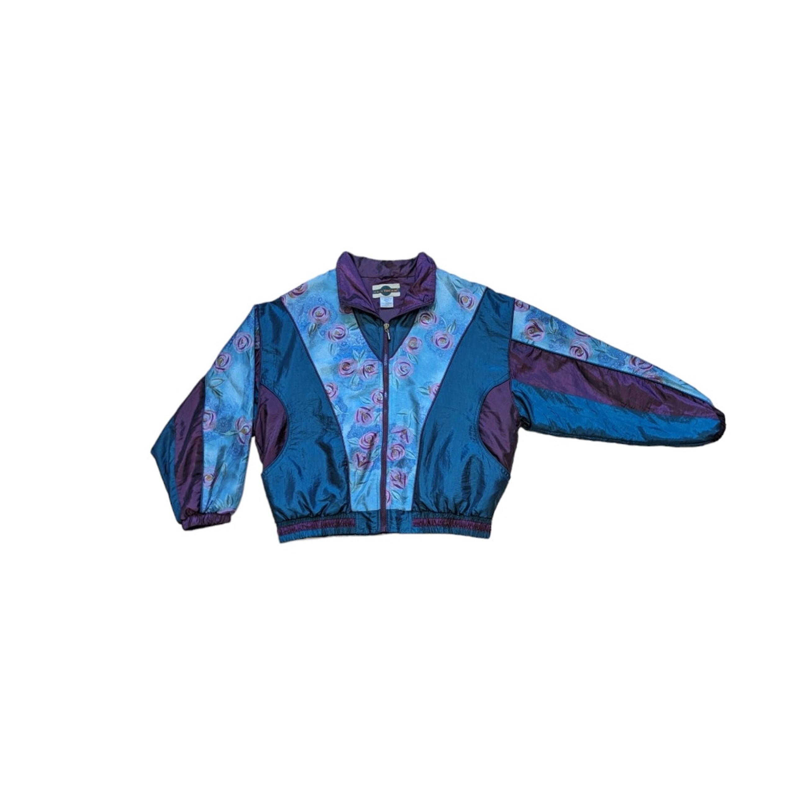 Vintage Floral Metallic Track Jacket 90s Grannycore Granny Sportswear Large Blue