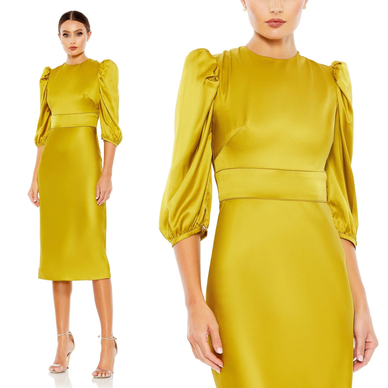 Ieena for Mac Duggal 26927 Dress High Neck Satin Sheath Midi Charteuse 4