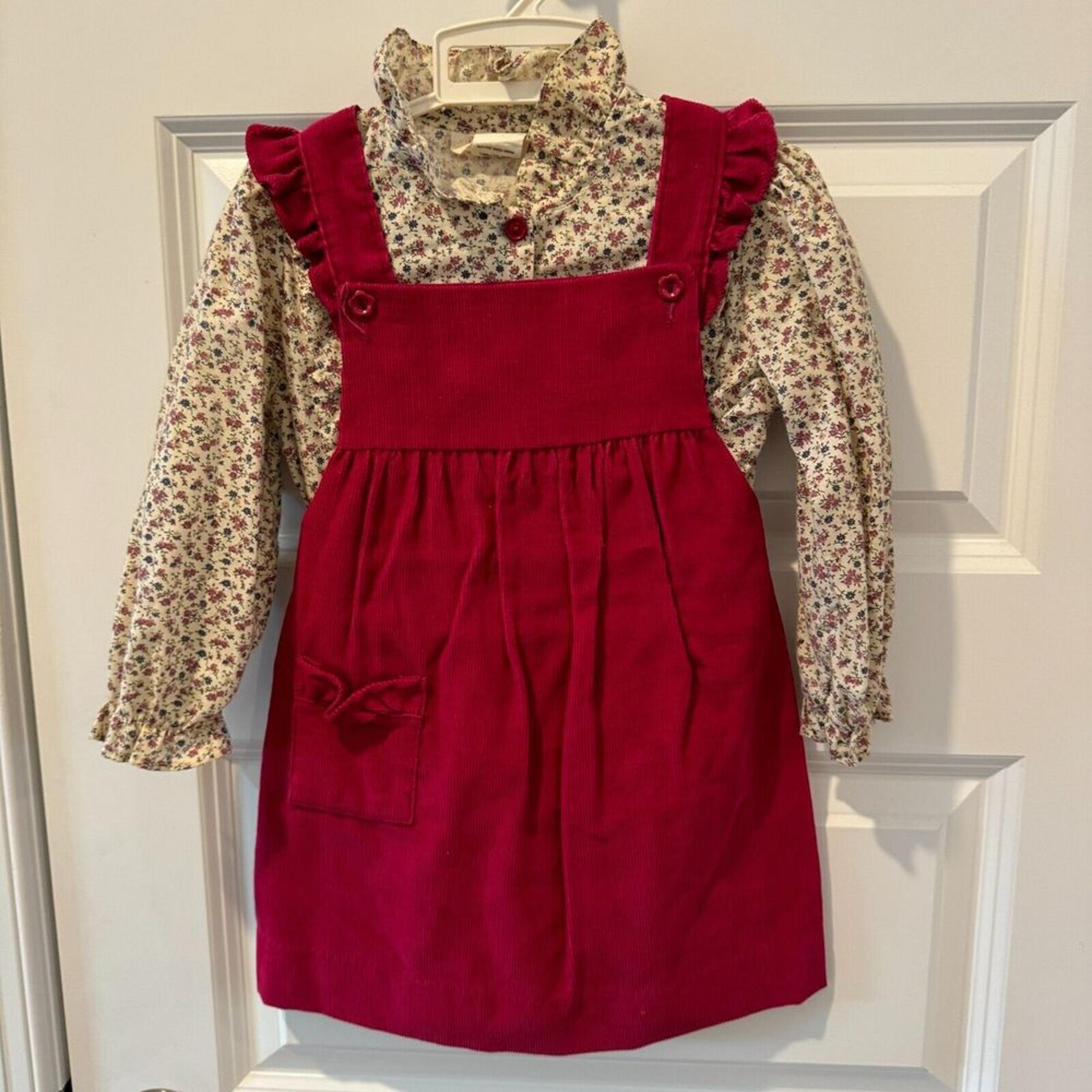 Vintage Health Tex Corduroy Overall Dress w/ floral shirt Size 4T Pink Floral