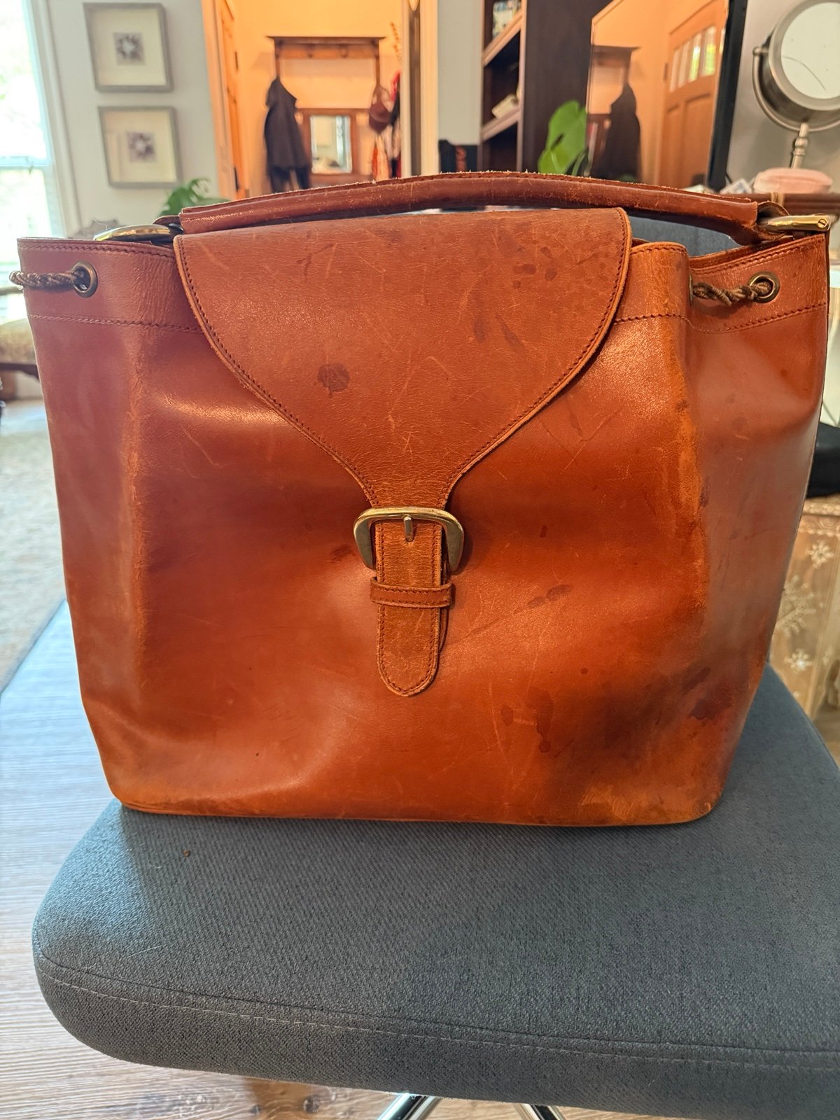 Vintage Leather Tote Bag Rustic Buckle Western Boho
