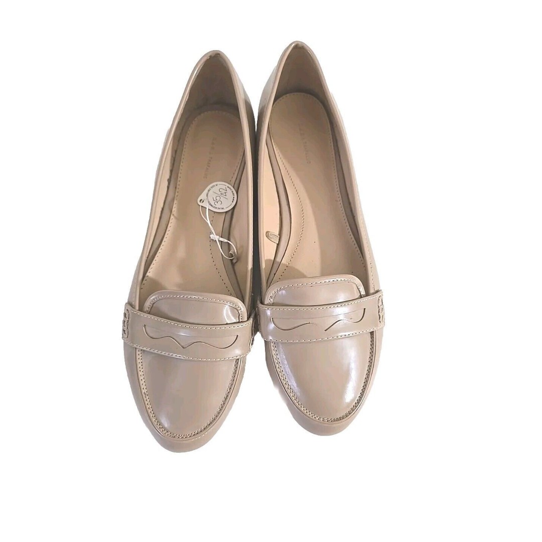 Zara Trafaluc Patent Leather Beige Slip-on Flat Loafers Size 39 US 8.5 New