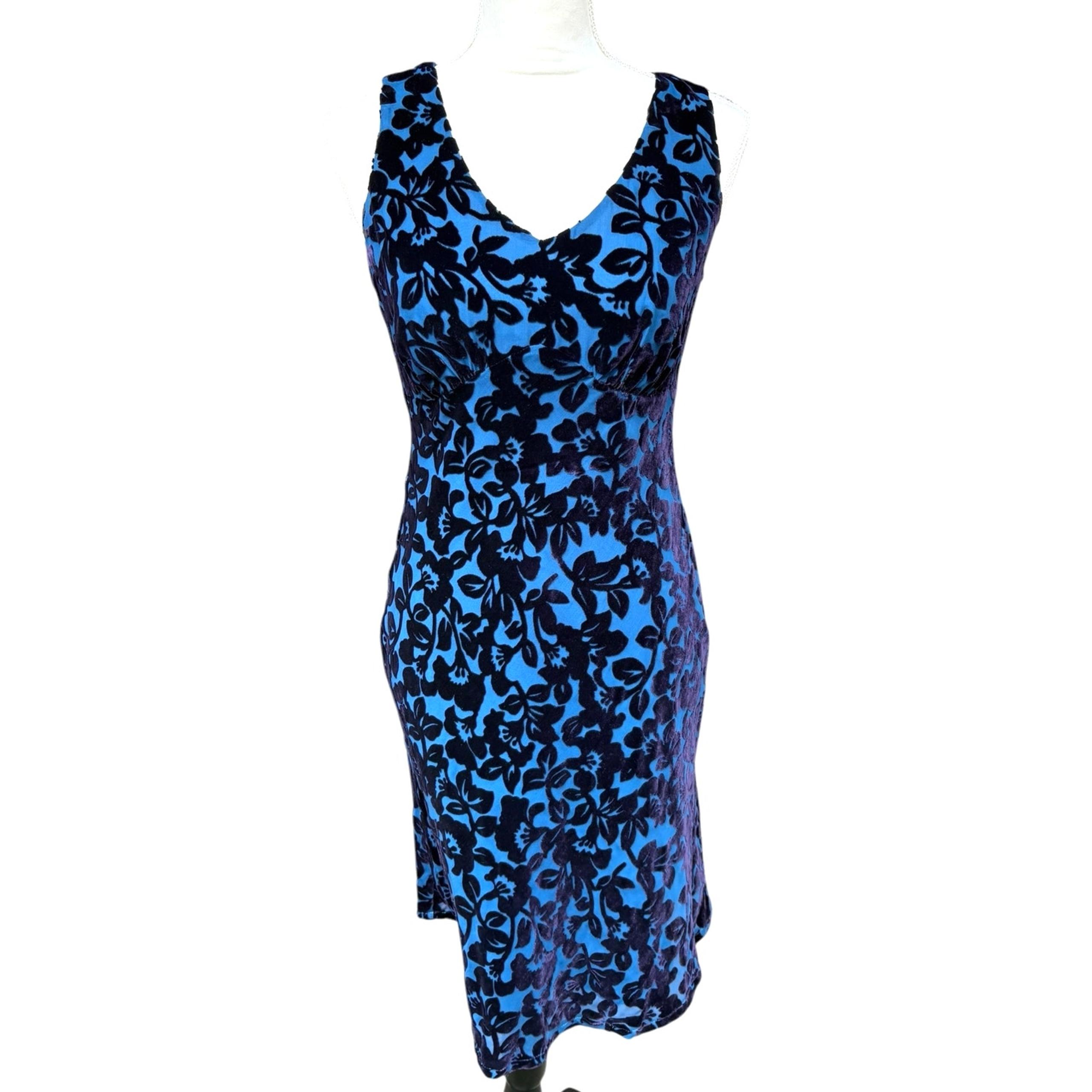 Vintage Laura Ashley Blue V Neck Sleeveless Velvet Floral Overlay Dress -  6