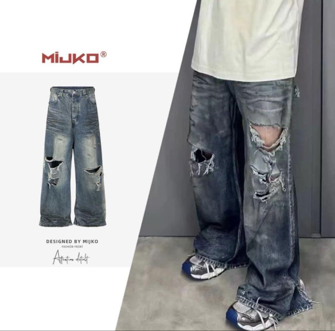 【Last One】 Destroy Damage Processing Baggy Denim Korea MIJIKO