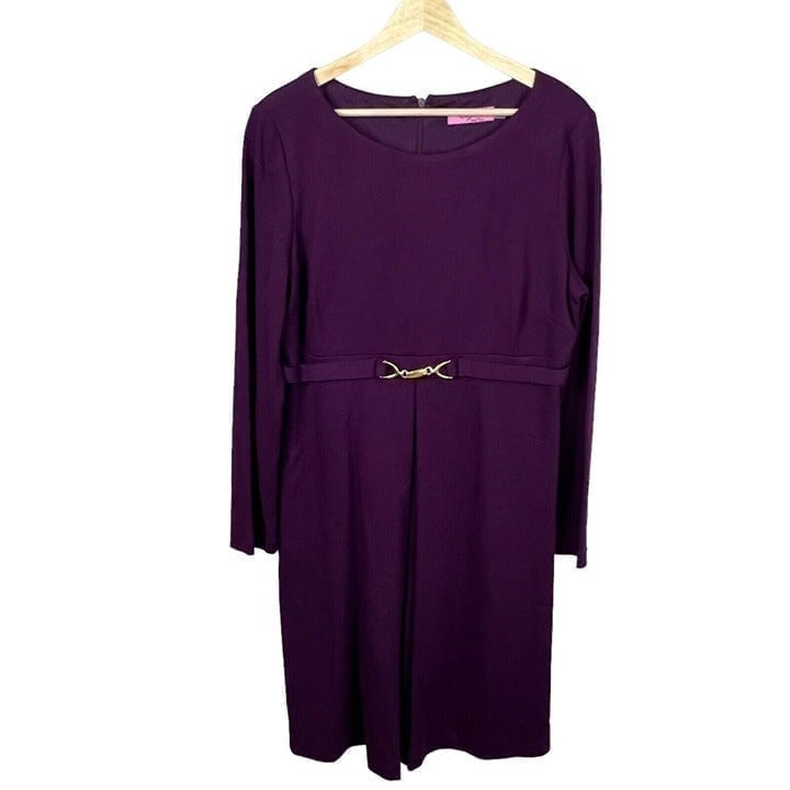Eliza J Womens Purple Long Sleeve Round Neck Belted A-Line Dress 14 NWT
