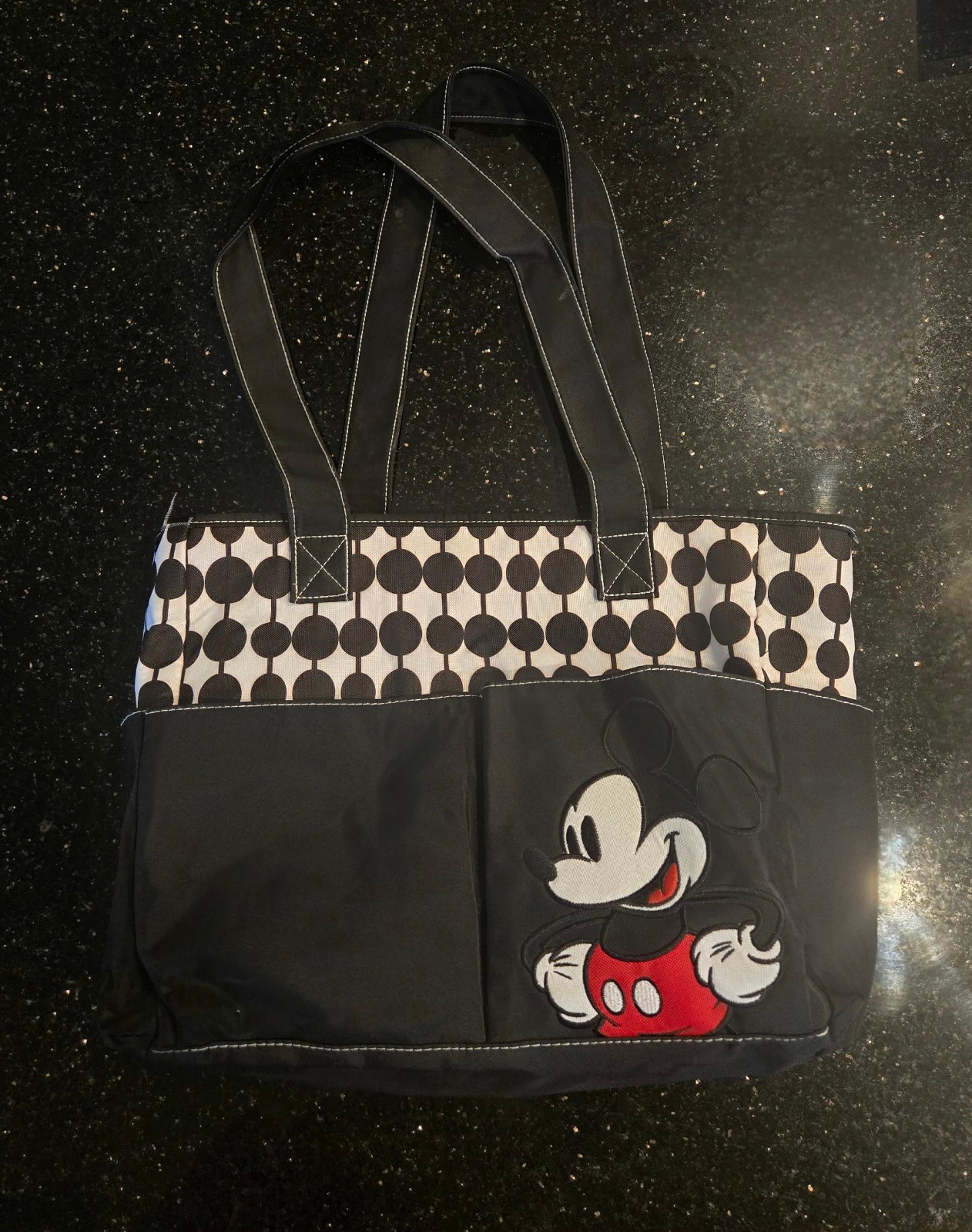 Large Disney Baby Mickey Mouse Shoulder Diaper Bag Zippered w/ Outer Pockets Bla
