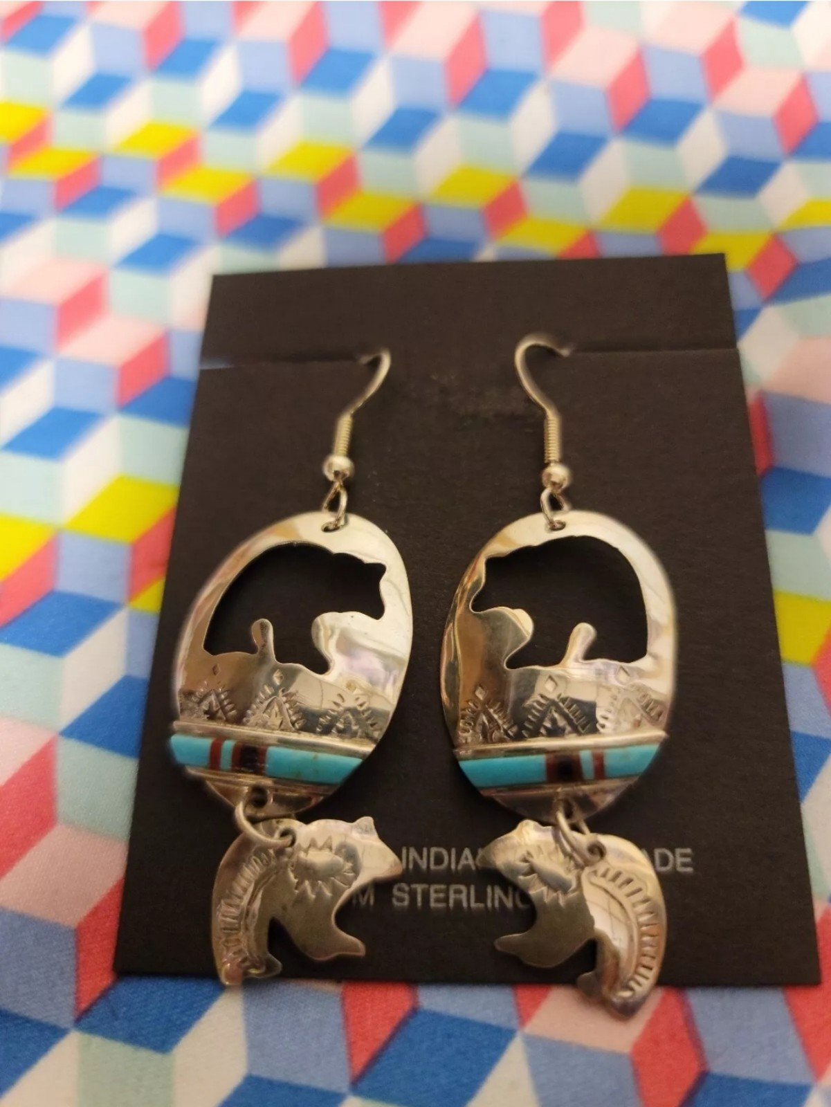 Navajo Sterling Silver Turquoise Bear Pendant Southwes
