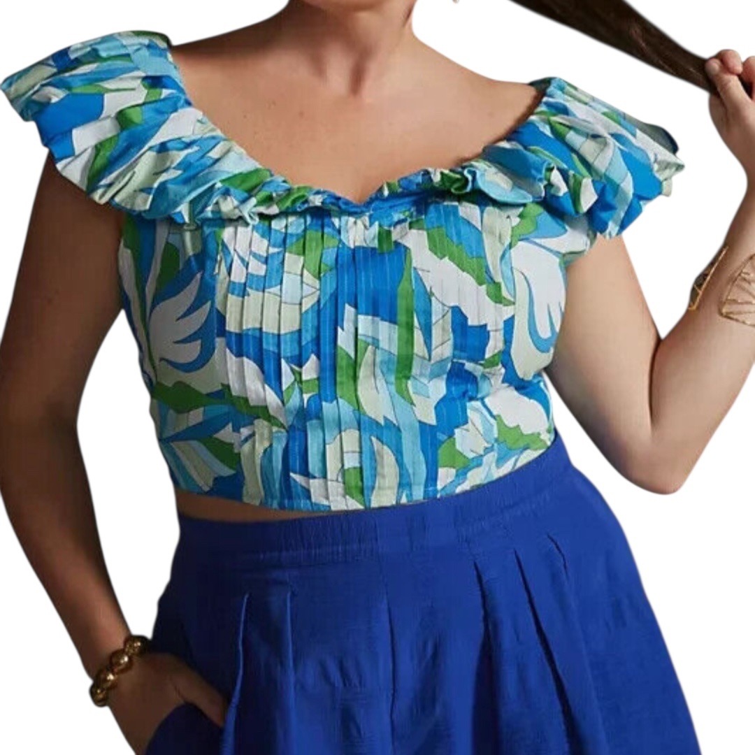 Maeve Women's Floral Ruffle Crop Top Size 1X Smocked Back Blue Green Summer