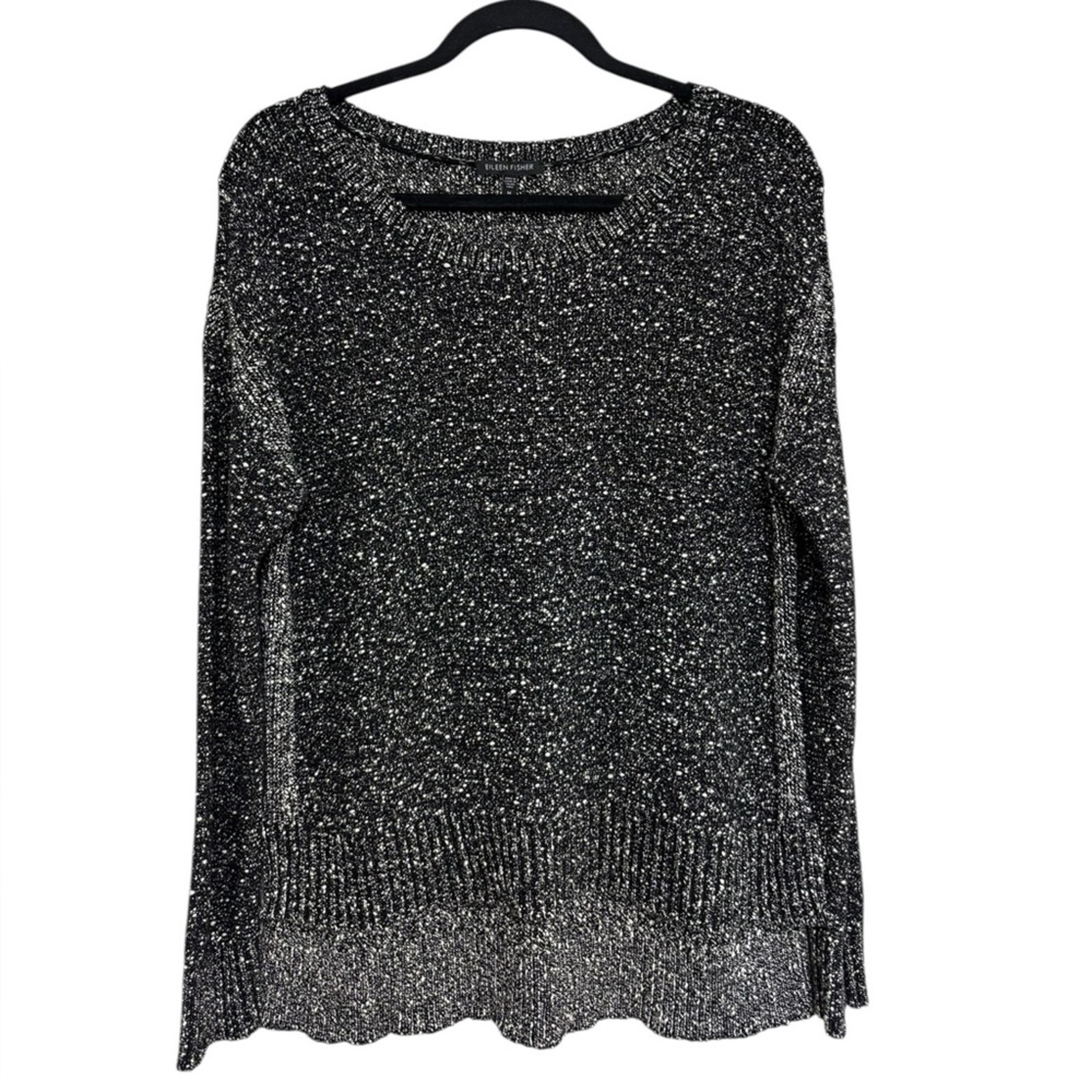 Eileen Fisher 100% Cotton Black and White Marled Knit Boxy Sweater - Size M