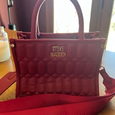 NWOT Steve Madden red purse with gold hardware and thick guitar strap. So cute!