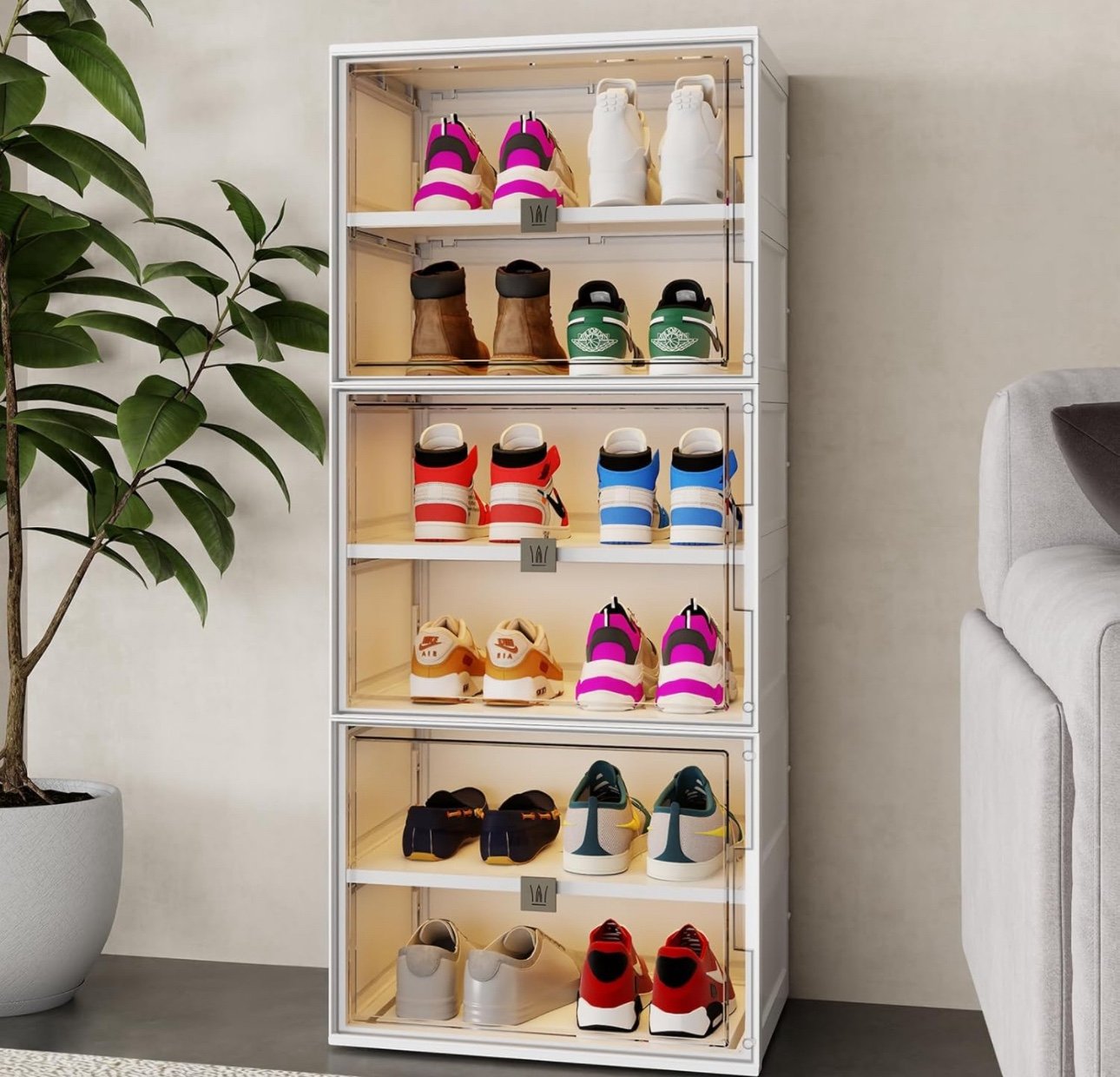 Shoe Organizer for Closet, Large Clear Plastic Stackable Shoe Storage Boxes, 6 T
