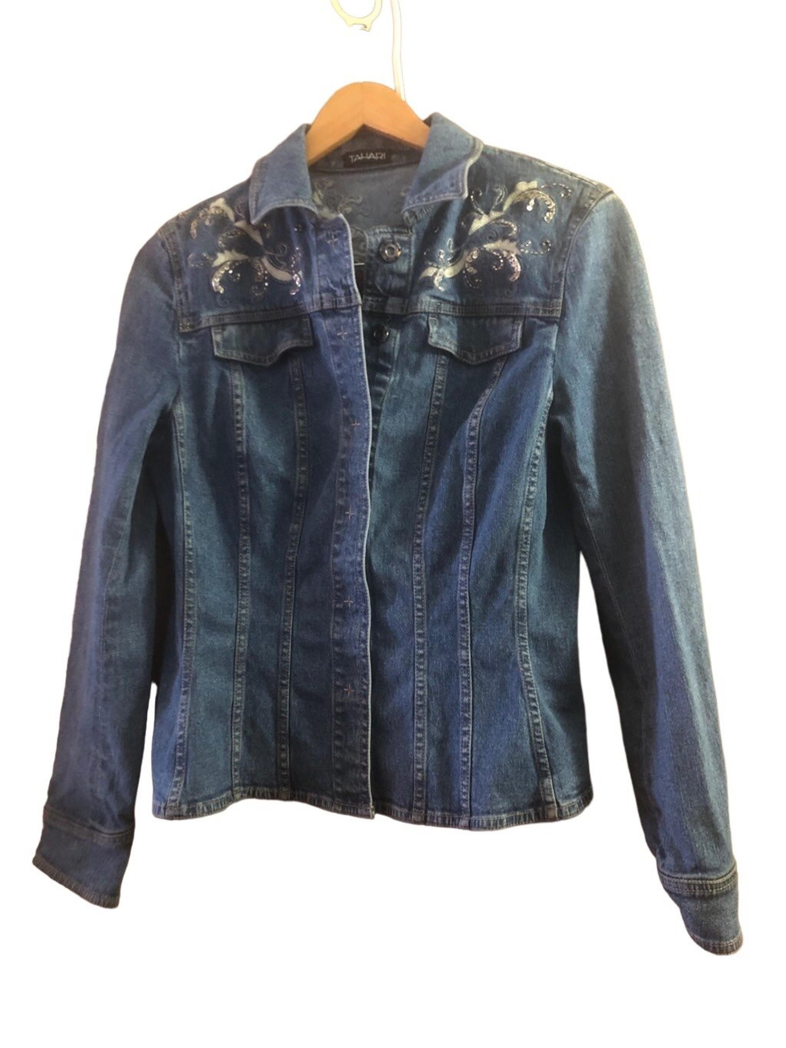 Tahari Navy Blue Cotton Denim Beaded Embellished Embroidered Jean Jacket Custom