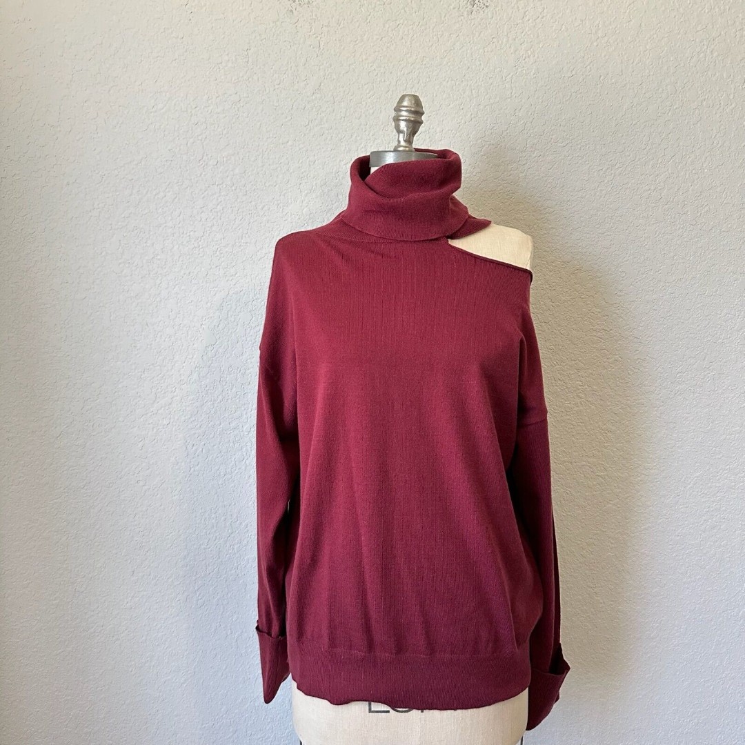 NWT 525 AMERICA Raundi Cold Shoulder Collarbone Pullover Sweater in Garnet