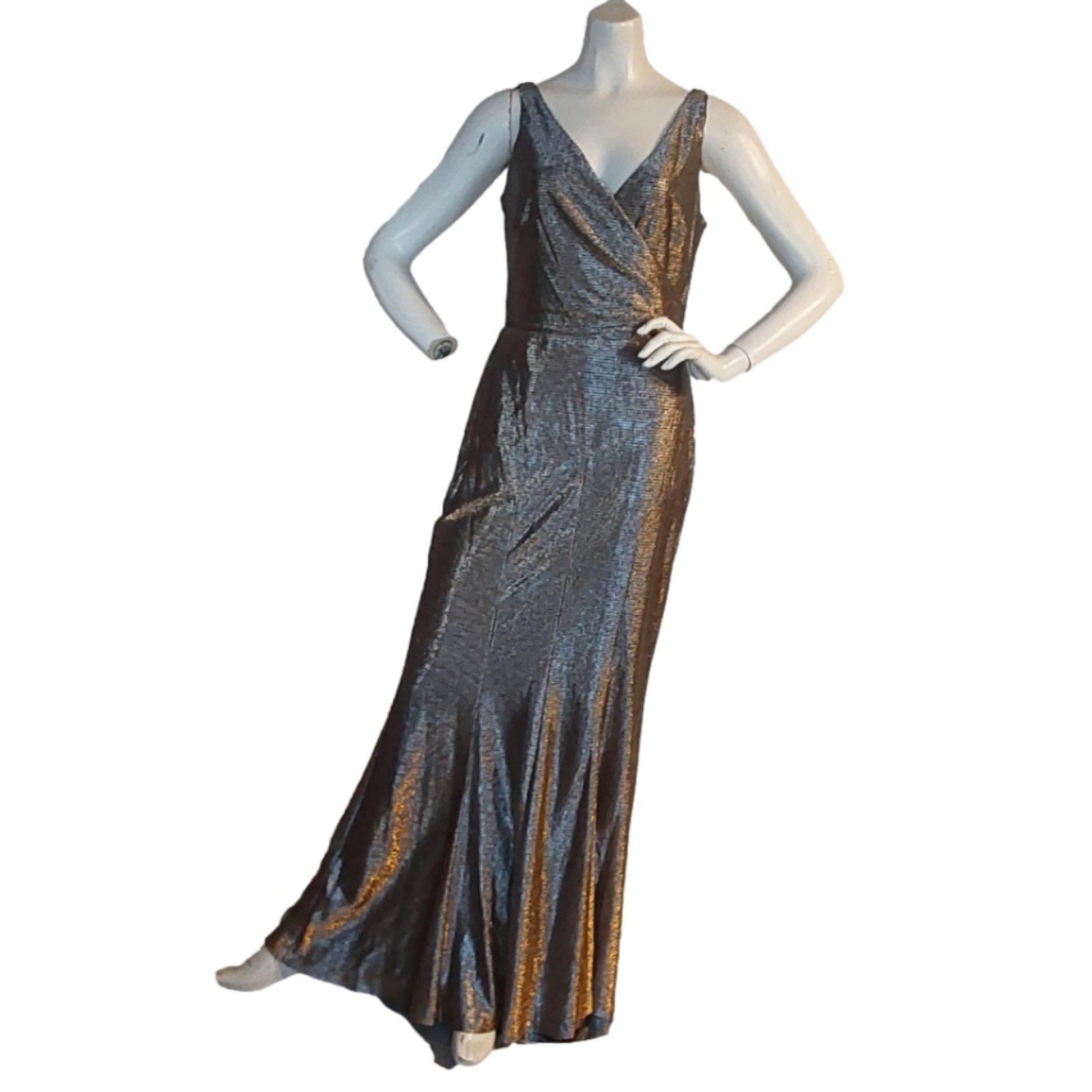 RALPH LAUREN GATHERED V-NECK METALLIC GOLD GOWN SIZE 6