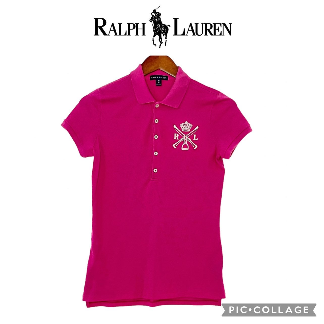 Ralph Lauren RLX women big monogram logo pink short sleeve polo shirt size M