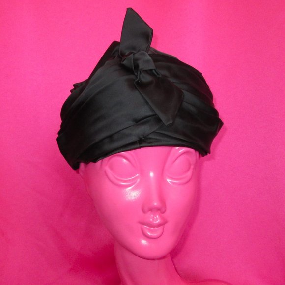 1950s vintage boho glam black satin turban hat bow