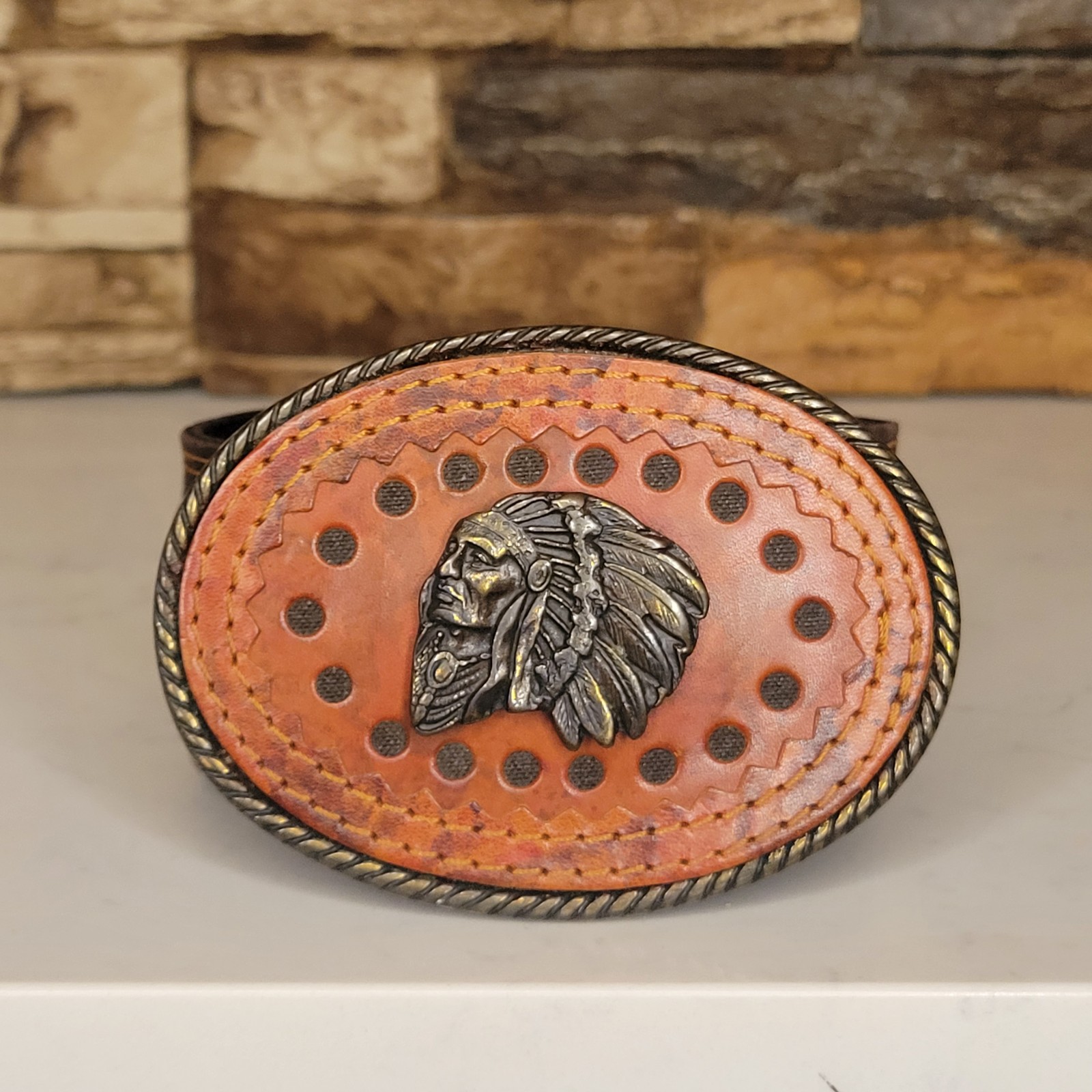 Vintage Leather and Canvas Hugo Boss Indian Head Belt Size 34-36