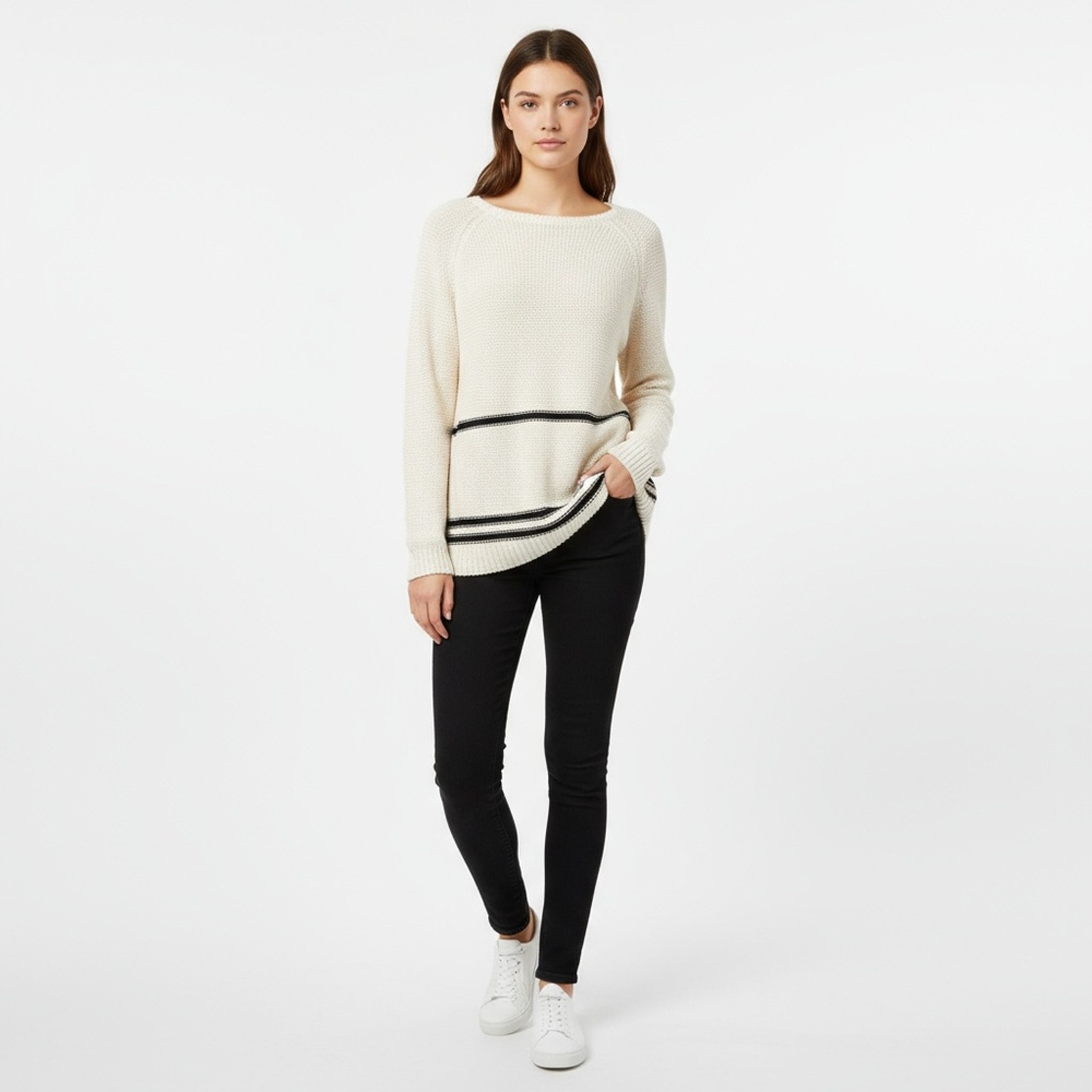 MAGASCHONI Cream Black Striped Long Sleeve Knit Pullover Sweater Size Large