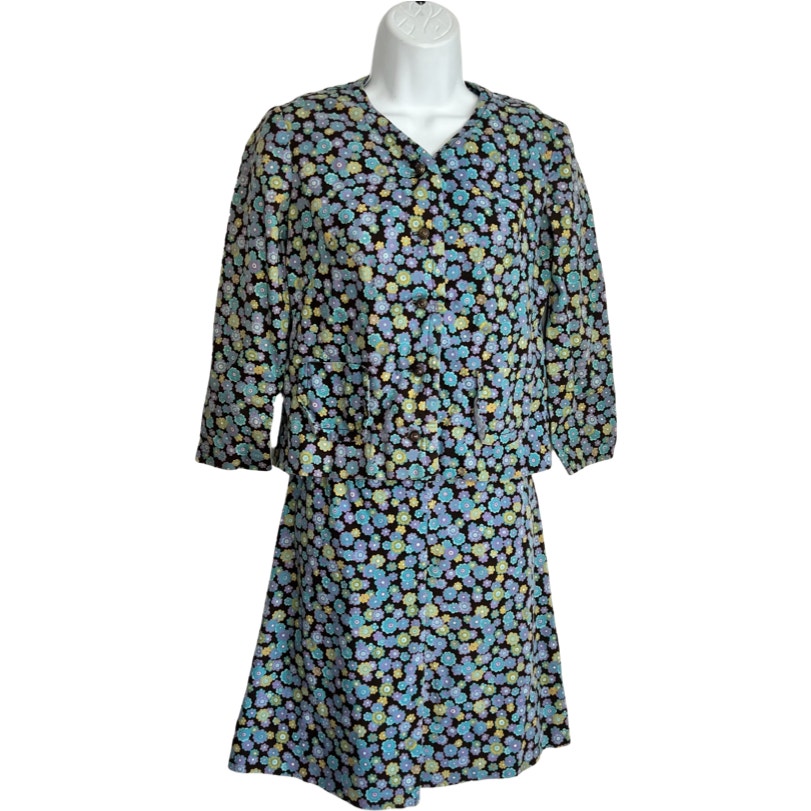 Vintage 70s Floral Blue Purple Gray Business Blazer Skirt Suit XS Susan Petites