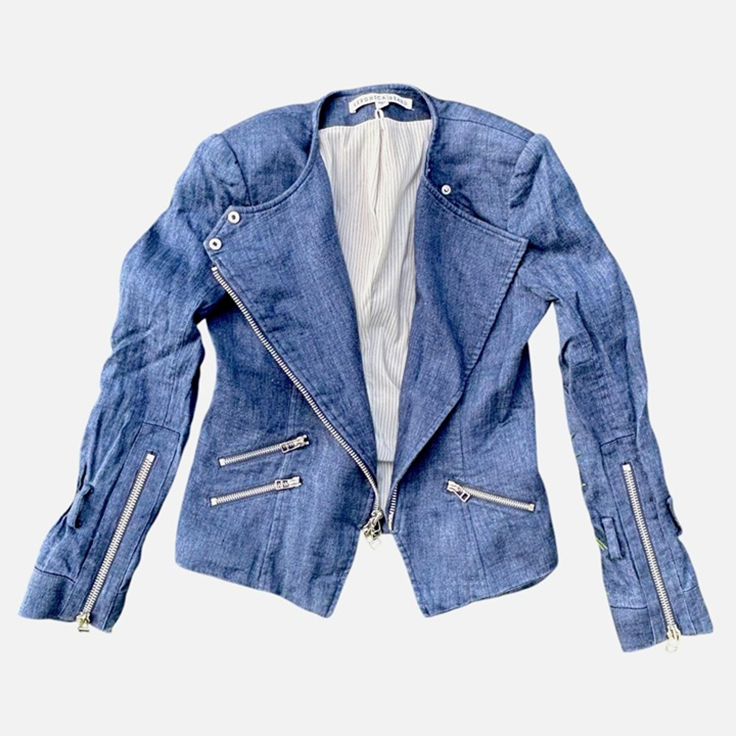Veronica Beard Sienna Collarless Denim Moto Jacket 0 Linen Blend Jean Zip Up USA