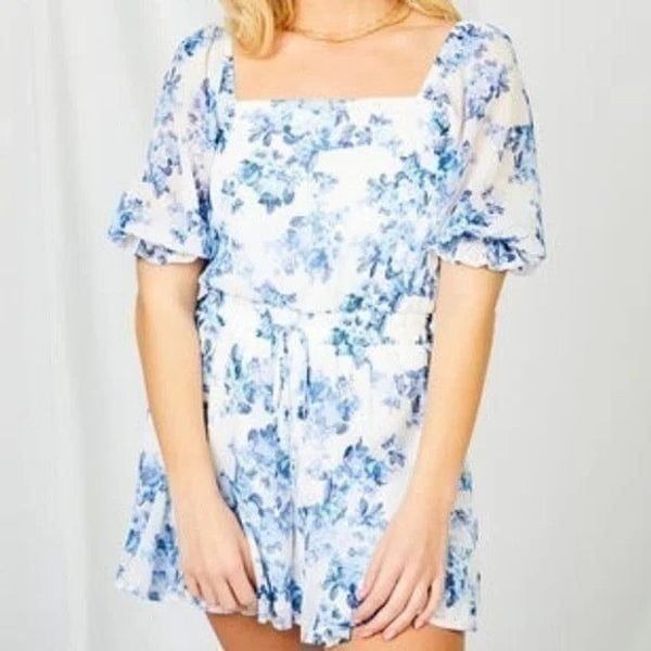 NWT Altar'd State Blue and White Floral Adelaide Romper Size S