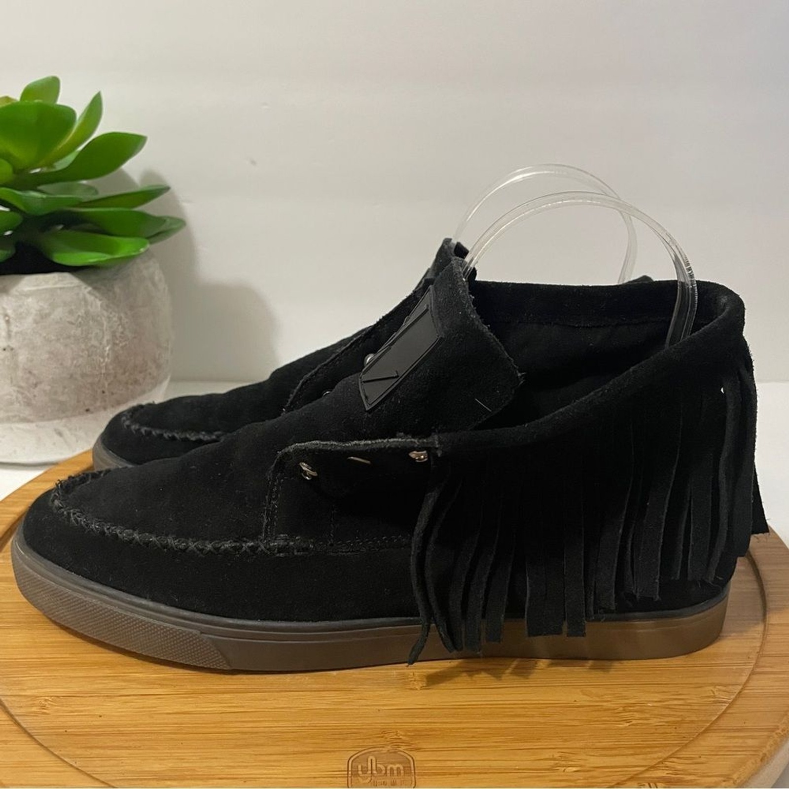 Nine West Ballico Suede Moccasin Black Leather Western Fringe Boot Size 8.5