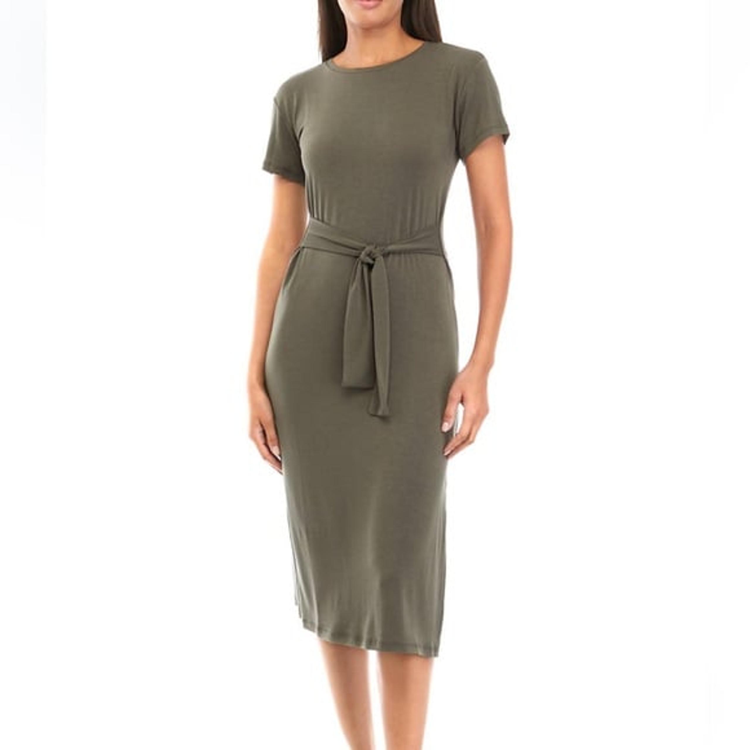 CATHERINE MALANDRINO Women's Tie Waist Short Sleeve Olive Green Midi Dress NWT