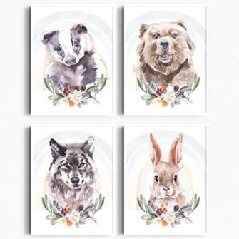 Set of 4 Nursery Wall Decor Prints, Forest Animals Watercolor Illustration