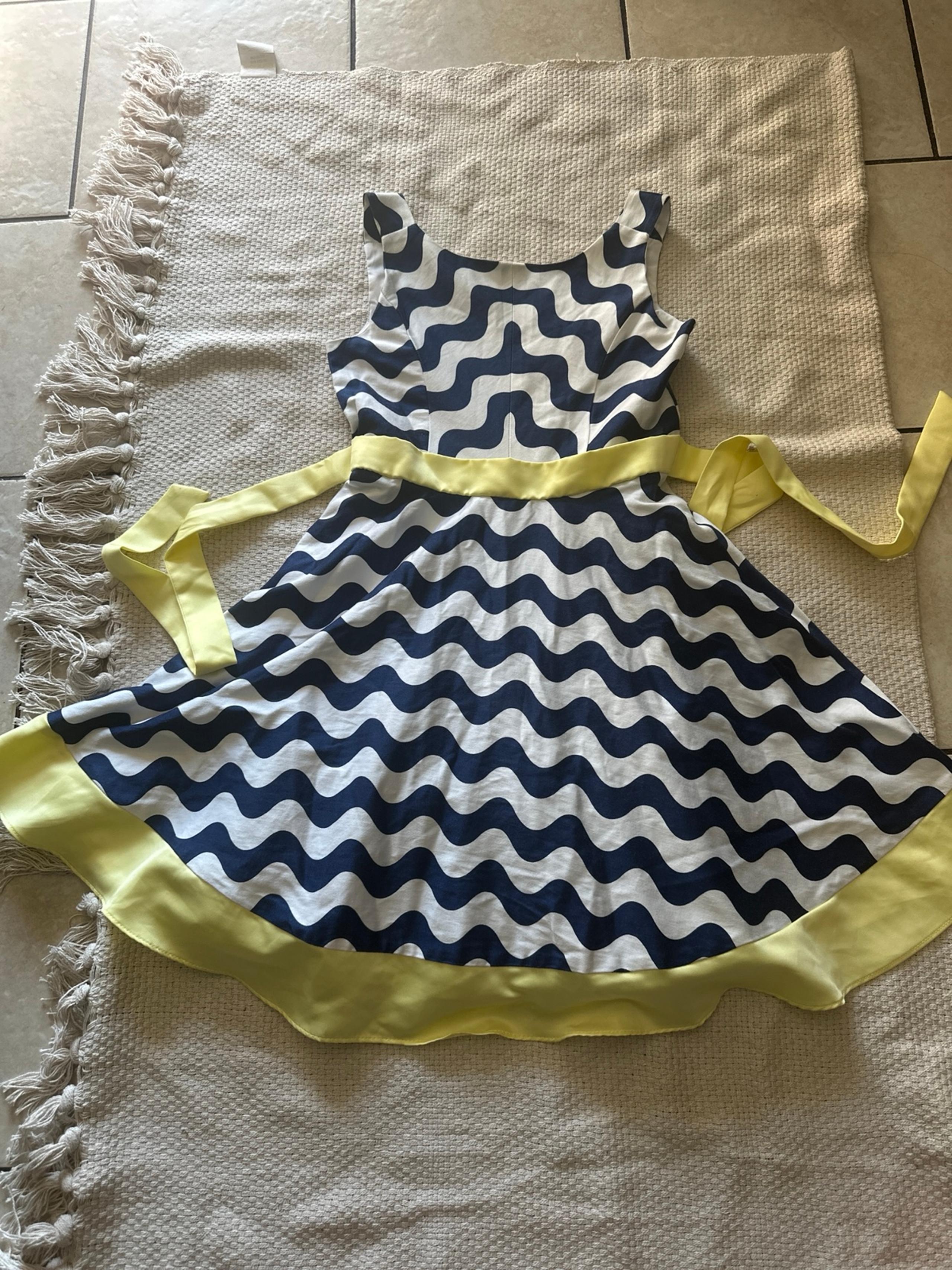 Girls dress size 12 blue white yellow sleeveless tie back a-line dress - Rare Editions