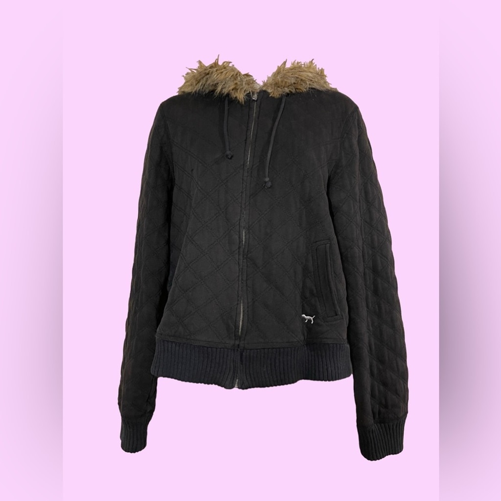 Y2K PINK Victoria’s Secret Quilted Hooded LOVE PINK Faux Fur Zip Up Jacket