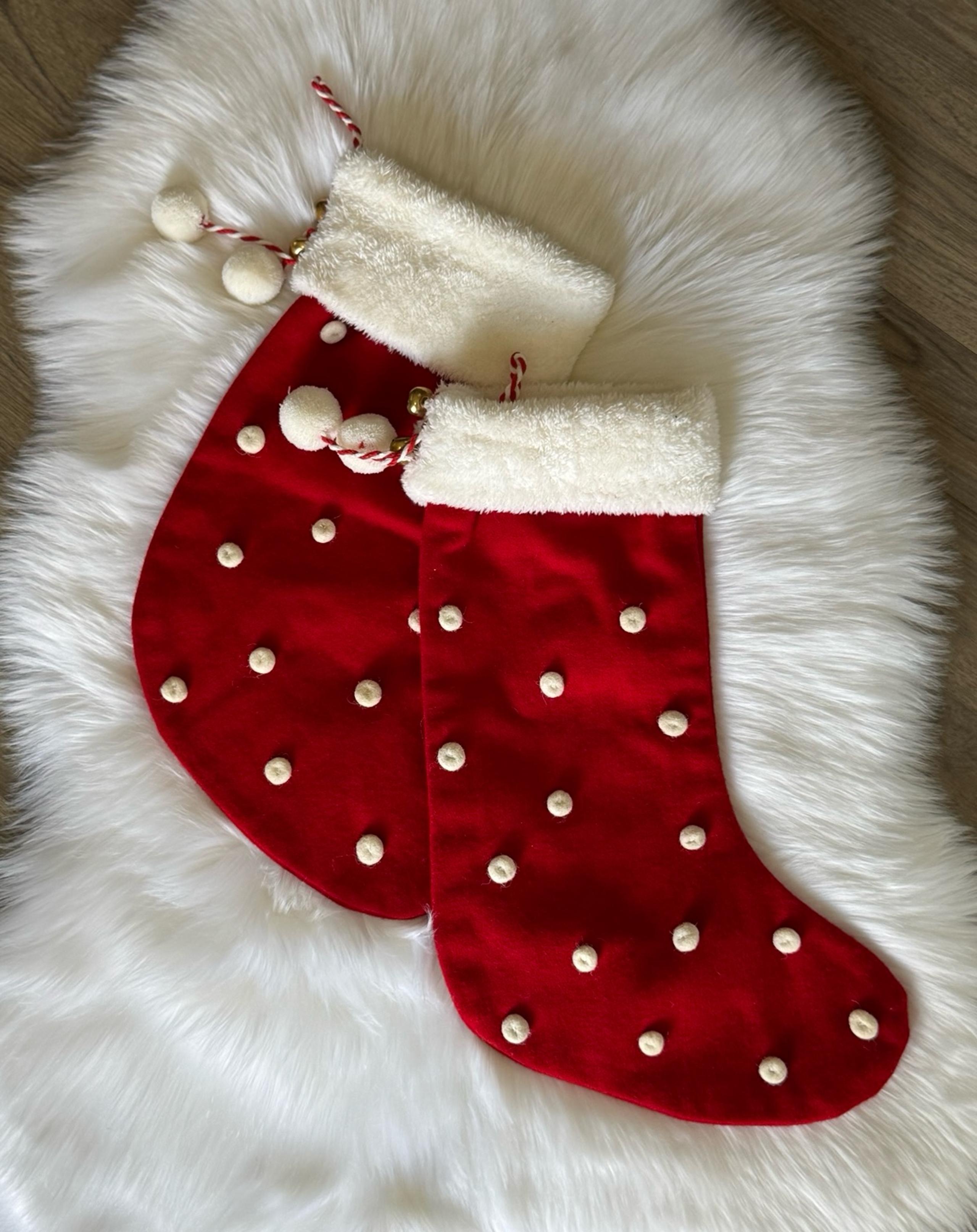 Festive Red Wool Christmas Stocking Set~White Felt Balls & Cuff~Pom-Pom Tassels