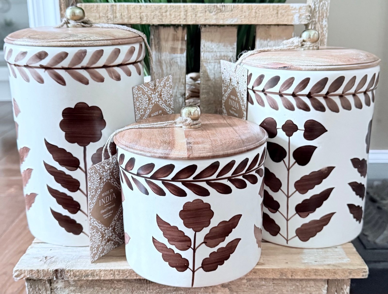 Made In India Set Of 3 Canisters Beige w/Brown Flowers Leaves Set NEW