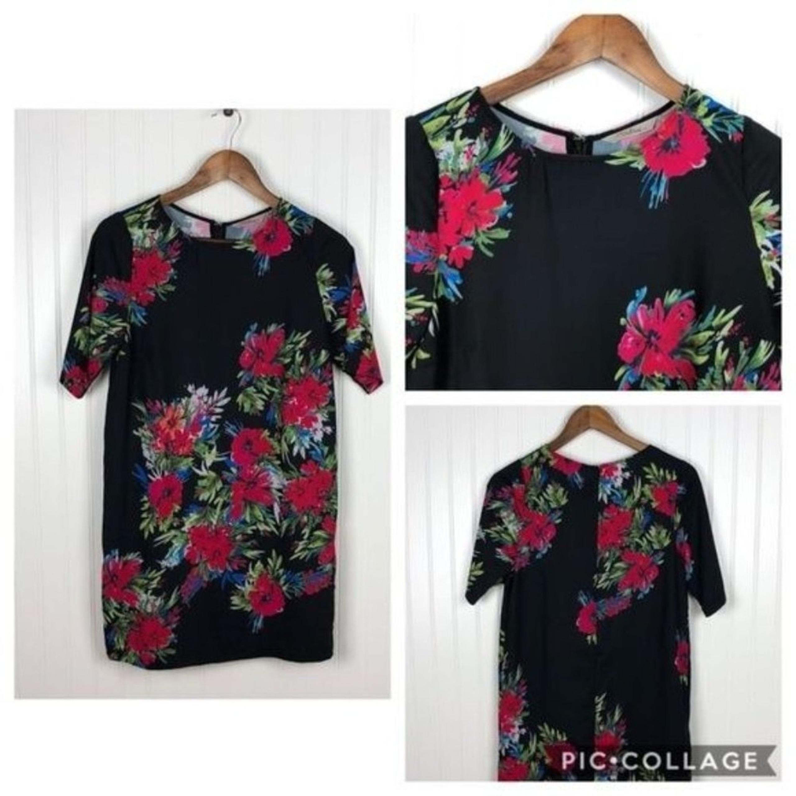 Darling Women's Floral Tropical Print Black Zip Short Sleeves Midi Dress Size S