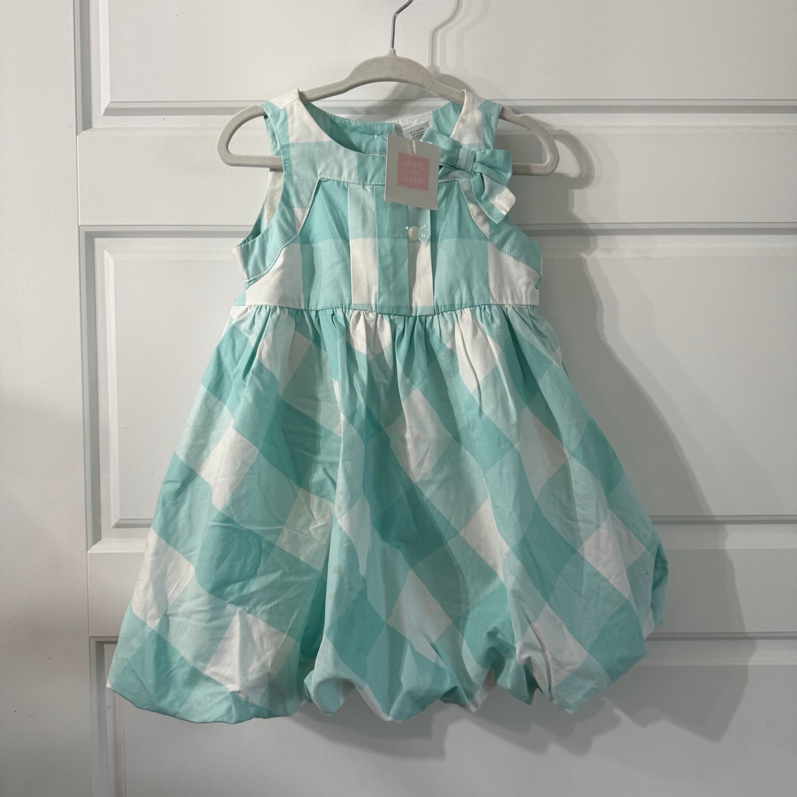 NWT Vintage 2009 Janie and Jack Blue Aqua Cotton Spring Dress Gingham Balloon