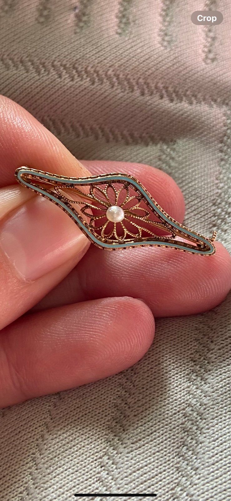 Art Deco Krementz 14k Yellow Gold Filigree Brooch Pin with Pearl