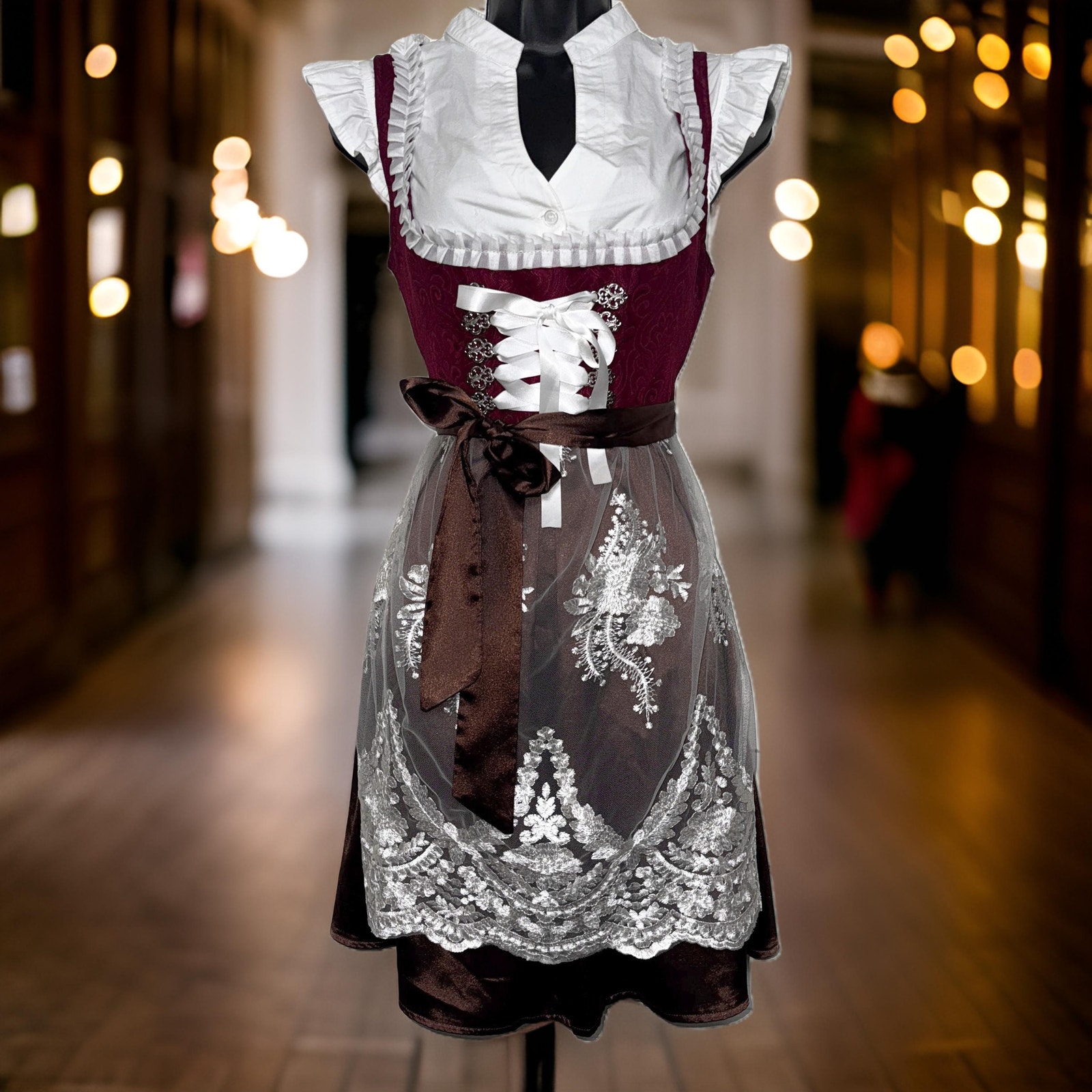 New XS Oktoberfest White Lace Red Burgundy Dirndl Dress Bavarian German Festival