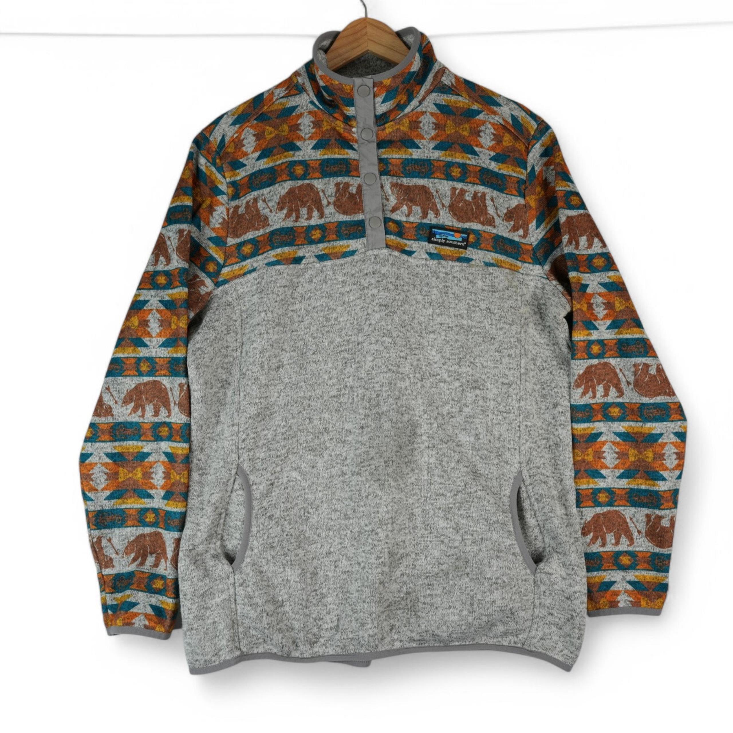 Simply Southern Sweater Womens XXL Quarter Snap Pullover Aztec Bear Print Gray